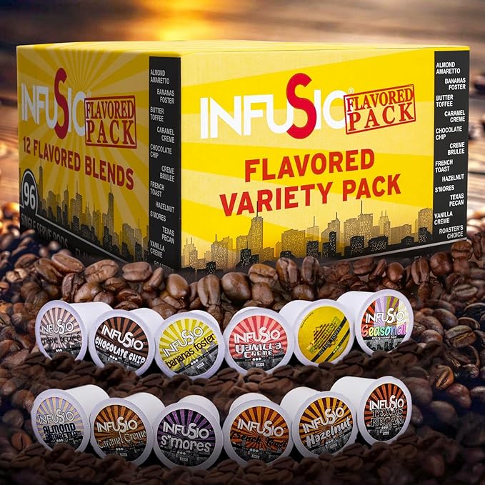 InfuSio Flavored Coffee Pods Variety Pack – 96 Count, 12 Gourmet Medium Roast Dessert-Inspired Blends like Bananas Foster & Crème Brûlée, Compatible with Keurig K-Cup 2.0 Brewers