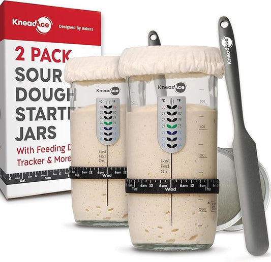 Sourdough Starter Jar With Date Marked Feeding Band, Thermometer, Sourdough Jar Scraper, Sourdough Container Sewn Cloth Cover & Metal Lid, Sourdough Starter Kit (2 Pack)