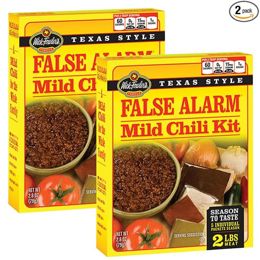Wick Fowler's False Alarm Mild Chili Kit, Texas Style Chili Seasoning Mix with Individual Packs of Spices, 2.8oz Box (Pack of 2)