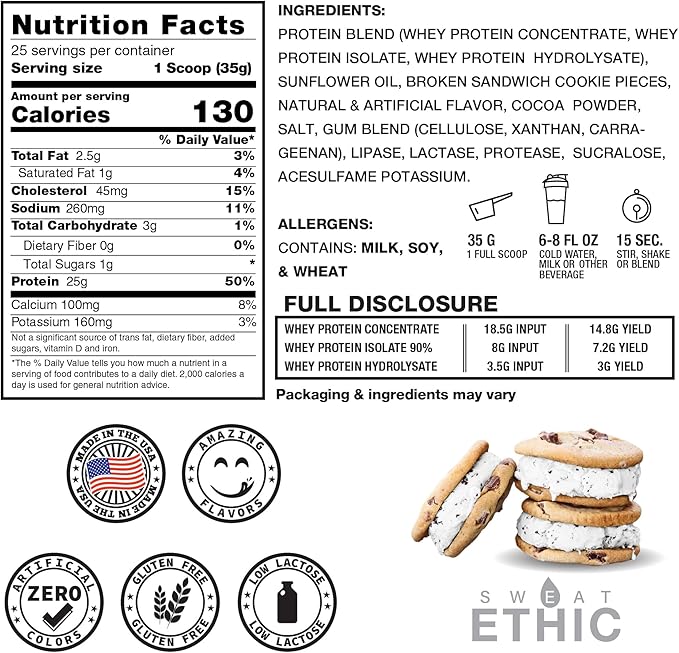 Whey'd Protein Powder, 25 G Whey Protein Blend with Concentrate, Isolate & Hydrolysate, Low Lactose & Digestive Enzymes for Easy Mixing, Ice Cream Cookie Sandwich Flavor, 25 Servings