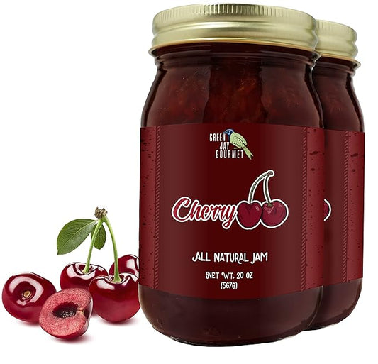Green Jay Gourmet Cherry Jam - All-Natural Fruit Jam with Cherries & Lemon Juice - Vegan, Gluten-free Jam - Contains No Preservatives or Corn Syrup - Made in USA - 2 x 20 Ounces