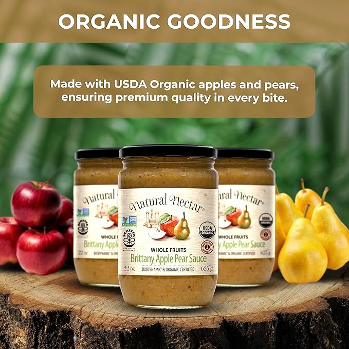 Natural Nectar Biodynamic & Organic Brittany Apple & Pear Sauce, Pack of 3 - Perfect for Breakfast, Snacks, or Desserts | USDA Organic Apple Sauce Certified, No Added Sugars ??22 oz Each