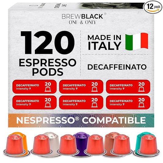 BrewBlack Decaffeinato Coffee Capsules - 120 Aluminum Coffee Pods Compatible with Nespresso Original line, Medium Roast - Intensity 7/12, Made in Italy