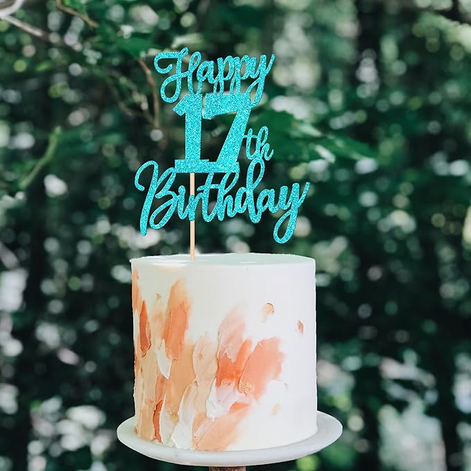 1 PCS Happy 17th Birthday Cake Topper Glitter Cheers to 17 Years Birthday Cake Pick Seventeen Hello 17 Cake Decoration for Happy 17th Birthday Anniversary Theme Party Decorations Supplies Blue
