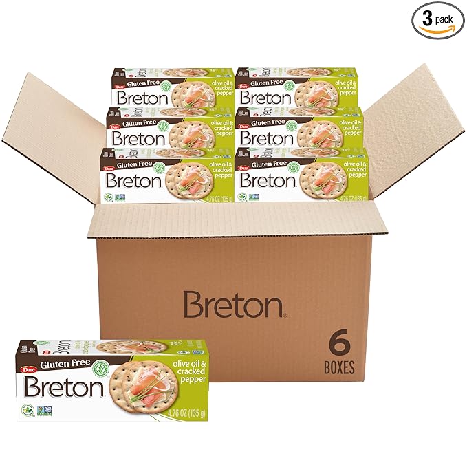 Breton Gluten Free Olive Oil and Cracked Pepper Crackers Bulk (Pack of 6) - Entertaing Pack, Non-GMO, Plant-Based, For Snacking, Dips, Charcuterie Boards, Cheese and Spreads, 6x4.76oz