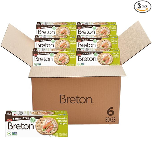 Breton Gluten Free Olive Oil and Cracked Pepper Crackers Bulk (Pack of 6) - Entertaing Pack, Non-GMO, Plant-Based, For Snacking, Dips, Charcuterie Boards, Cheese and Spreads, 6x4.76oz
