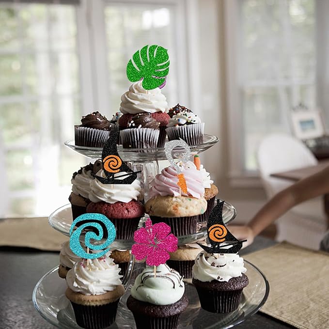 Rsstarxi 30 Pack Moana Inspired Cupcake Toppers Glitter Palm Leaf Flower Cupcake Picks Tropical Hawaiian Luau Theme Cake Decorations for Baby Shower Birthday Party Cake Supplies