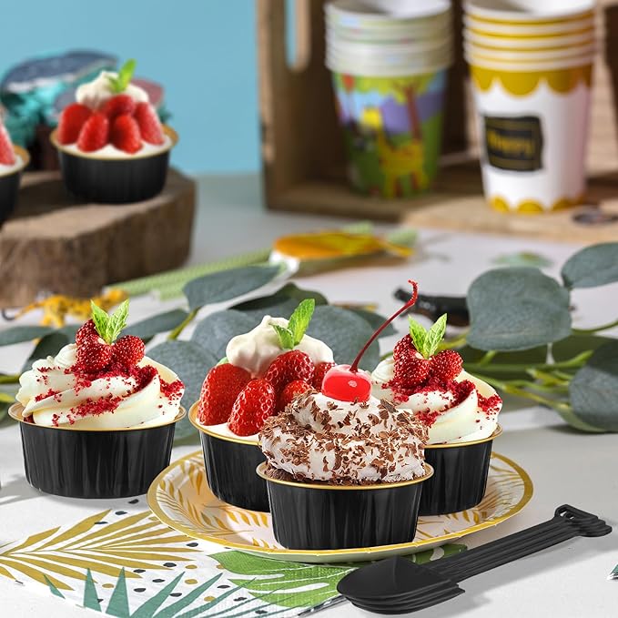 200Pack Mini Cake Pans with Lids Baking Cups with Spoons (Black&Gold)