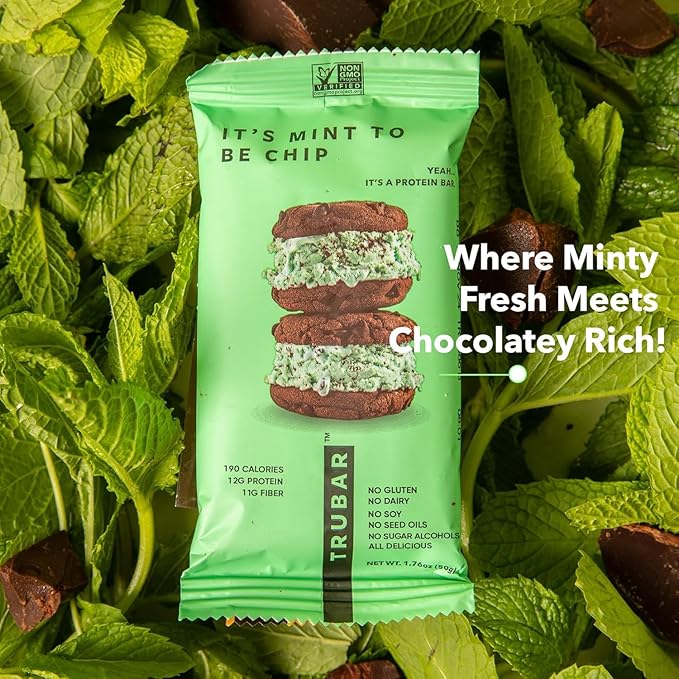 TRUBAR Vegan Protein Bar, It???Mint to Be Chip, Gluten Free, Plant Based High Fiber, Dairy Free, Non GMO, Low Fat, No Sugar Alcohols, 12G Lean Protein, 13G Fiber, Healthy Snack Bars, 12 CT