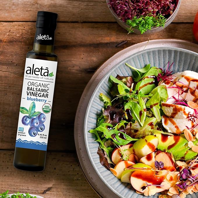 Aleta Farms Balsamic Vinegar, Greek Organic Blueberry Infused Aged Balsamic Vinegar, USDA Organic, Perfect for Salad Dressings, Pasta, Desserts & Cocktails, Glass Bottle, 8.45 fl oz (Blueberry)