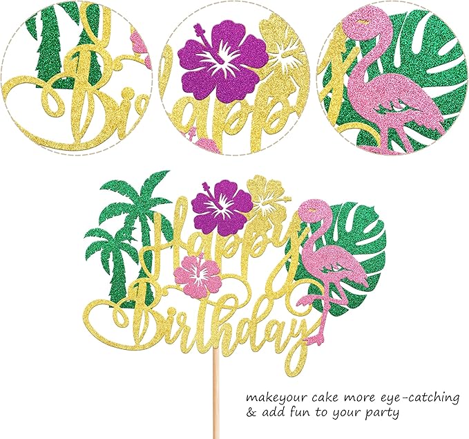 Rsstarxi 1 Pack Flamingo Happy Birthday Cake Topper Glitter Flamingo Cake Decoration Palm Tree Turtle Leaf Flower Flamingo Cake Pick for Tropical Hawaiian Luau Baby Shower kids Birthday Party Decor