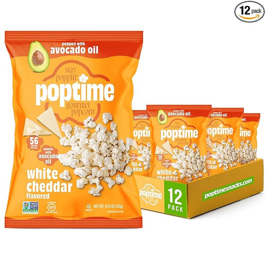 Poptime White Cheddar Popcorn Snack Bags ??Gourmet Popcorn Bags, Healthy Snack With Heart-Healthy Avocado Oil, Crunchy, Cheesy, Gluten Free, Vegan, Low Calorie, Non-GMO, Kosher - 4.75 oz - Pack 12