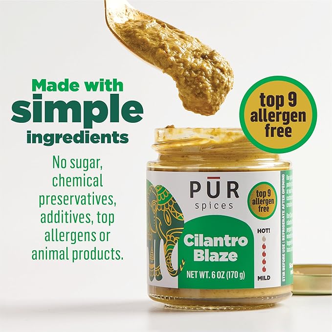 PUR Spices Cilantro Blaze I Hot Sauce & Tangy Cilantro Chutney I Fresh Cilantro, Garlic, Lime and Hot Peppers I Plant Based, Gluten Free, No Sugar Added, Preservative and Additive Free I 6oz Jar