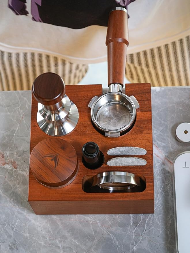 58mm Espresso Knock Box Set ??Rosewood Tamping Station Organizer & Coffee Grounds Bin | Professional Espresso Accessories for 58mm Portafilter Machines