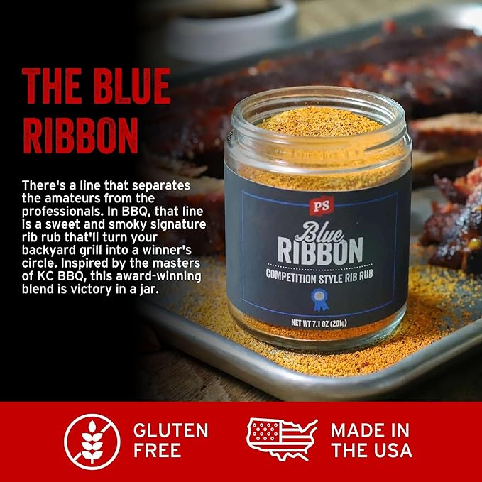 PS Seasoning Blue Ribbon Rib Rub - Sweet and Smoky Competition Style BBQ Seasoning for Smoking and Grilling - Kansas City Spice Blend and Dry BBQ Rub for Prime Rib, Steaks, Pork, Chicken, Beef Brisket