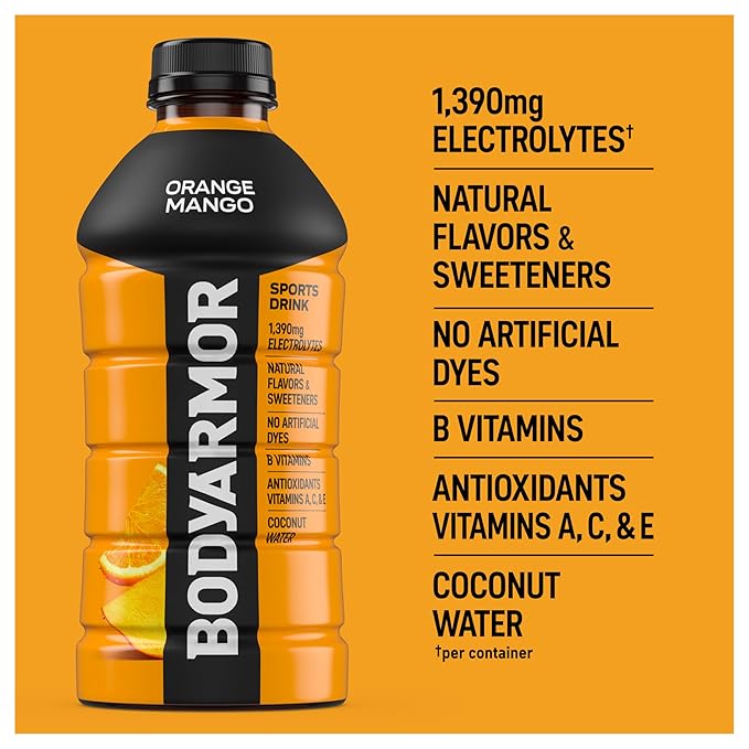BODYARMOR Sports Drink Sports Beverage, Orange Mango, Coconut Water Hydration, Natural Flavors With Vitamins, Potassium-Packed Electrolytes, Perfect For Athletes, 28 Fl Oz (Pack of 15)