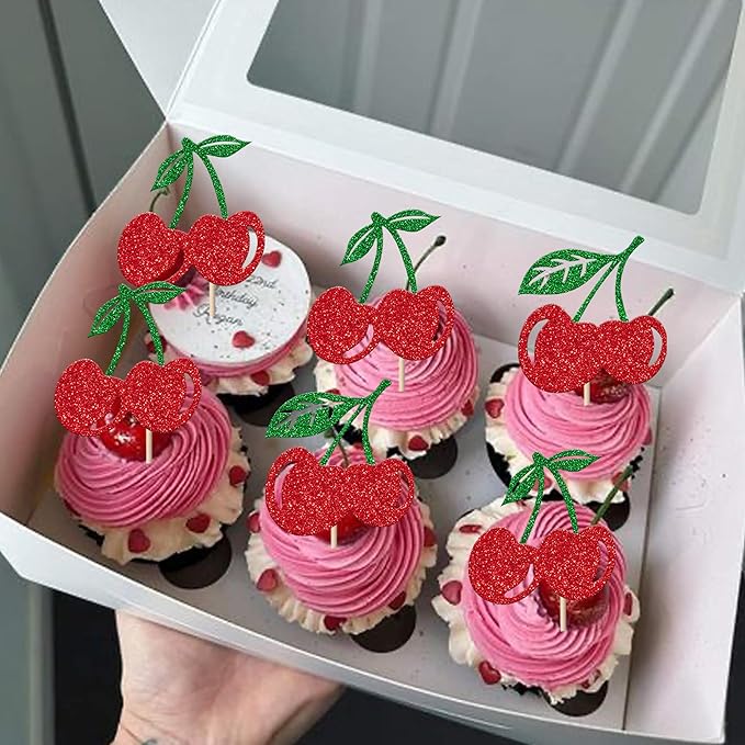 24 Pack Cherry Cupcake Toppers Glitter Red Cherry Cupcake Picks for Fruit Cherry Theme Baby Shower Bridal Shower Birthday Party Cupcake Decorations Supplies