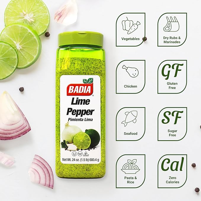 Badia Lime Pepper Seasoning, 24 oz - Pepper, Garlic & Onion, Zesty Citrus Blend for Chicken, Seafood & Vegetables