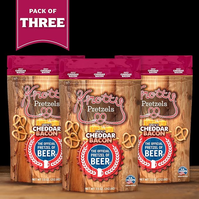 Knotty Pretzels - "The Official Pretzel of Beer" 7.5 Ounce Individual Seasoned Pretzel in Resealable Snack Bags - Smokey Cheddar Bacon (3 Pack)