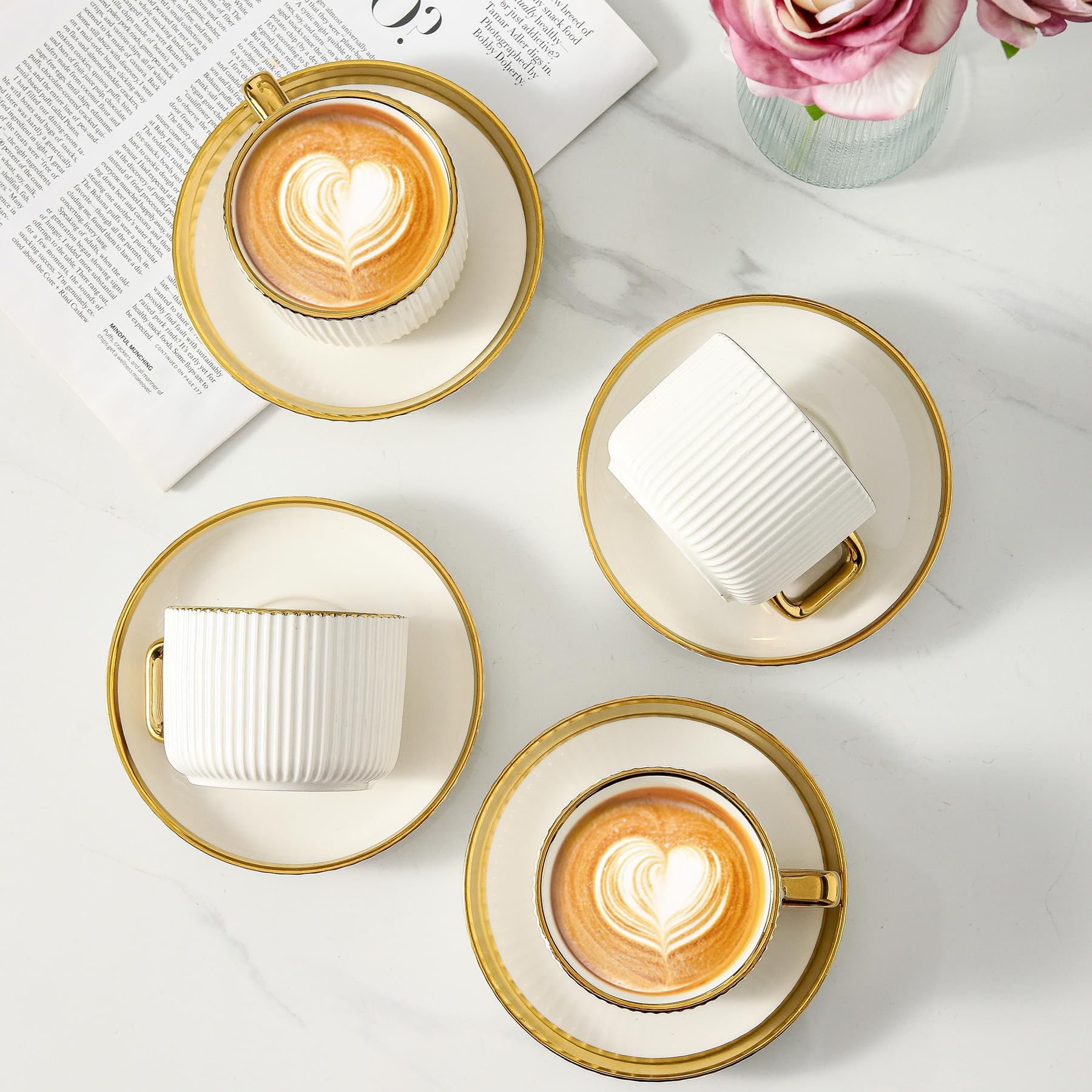 LETAOTAO Cappuccino Cups with Saucers, 8oz Ceramic Coffee Cups with Saucers Set, Latte Art Coffee