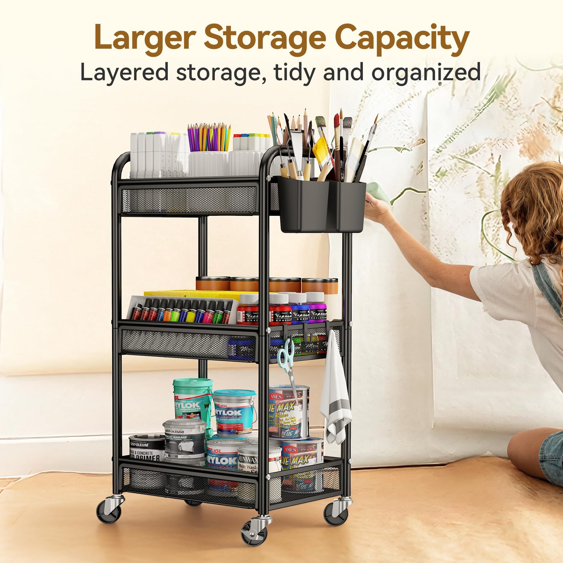 YASONIC 3 Tier Metal Rolling Cart, Black Utility Storage Cart with Wheels