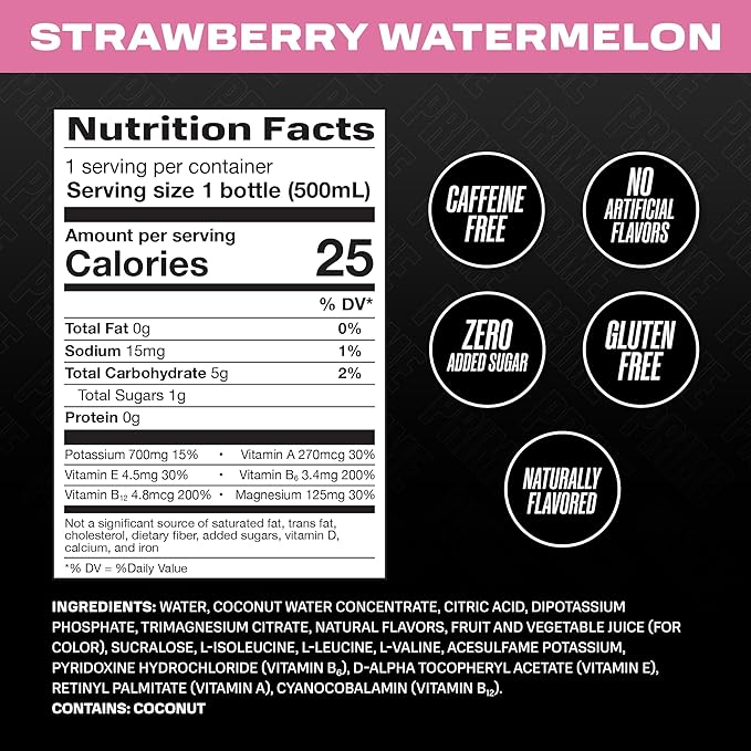 PRIME Hydration STRAWBERRY WATERMELON, Sports Drinks, Electrolyte Enhanced for Replsnishing Fluids, 250mg BCAAs, B Vitamins, Antioxidants, Low Sugar, 16.9 Fl Oz, 12 Pack