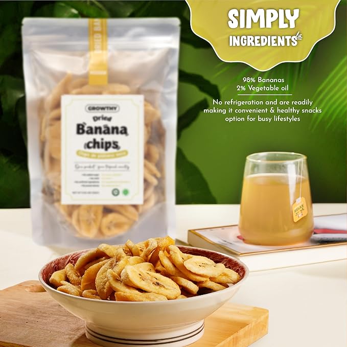 Growthy Dried Banana Chips Slices 250Grams, No Sugar Added, Crunchy Banana Snacks, Healthy banana chips For Kids And Adults, Vegan, None GMO, Low Sugar, Vitamin C,E, Keep Healthy