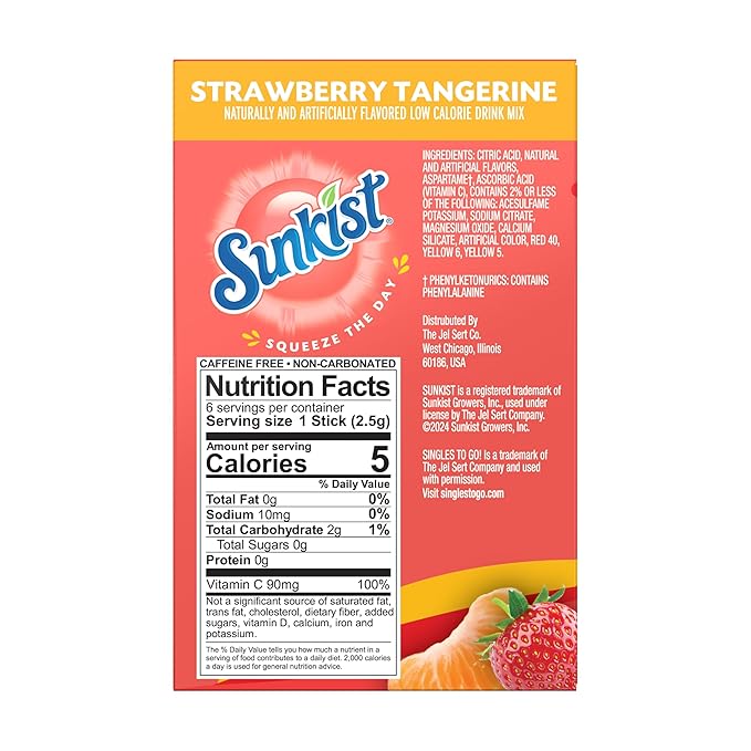 Sunkist Singles to go Drink Mix Packets, Strawberry Tangerine, 6-Count Box ??Powdered Drink Packets with Vitamin C, 72 Total Powder Sticks