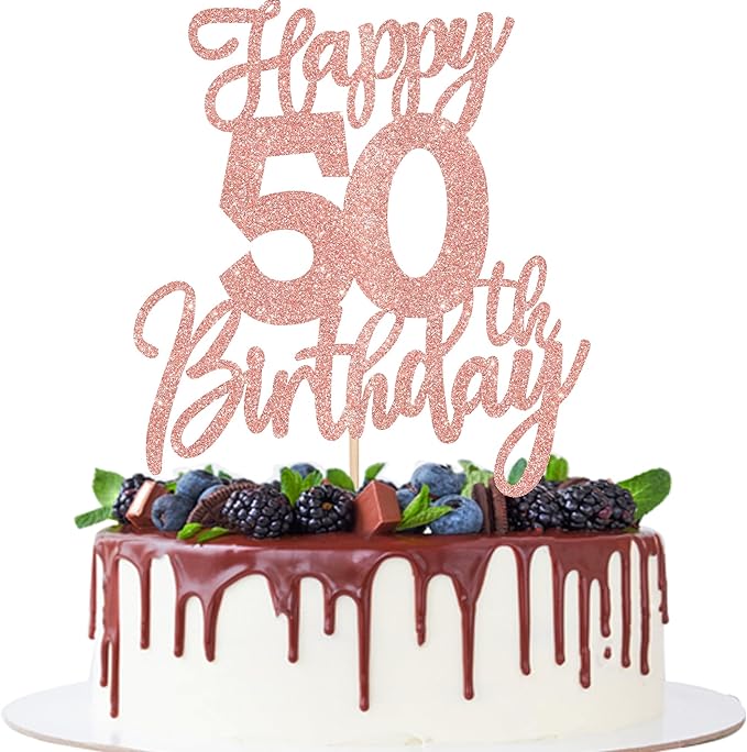 1 PCS Happy 50th Birthday Cake Topper Glitter Cheers to 50 Years Birthday Cake Pick Fifty Hello 50 Fabulous Cake Decorations for Happy 50th Birthday Anniversary Party Supplies Rose Gold