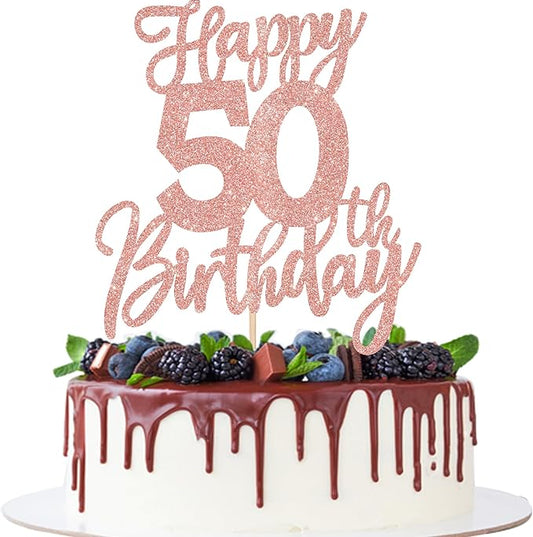 1 PCS Happy 50th Birthday Cake Topper Glitter Cheers to 50 Years Birthday Cake Pick Fifty Hello 50 Fabulous Cake Decorations for Happy 50th Birthday Anniversary Party Supplies Rose Gold
