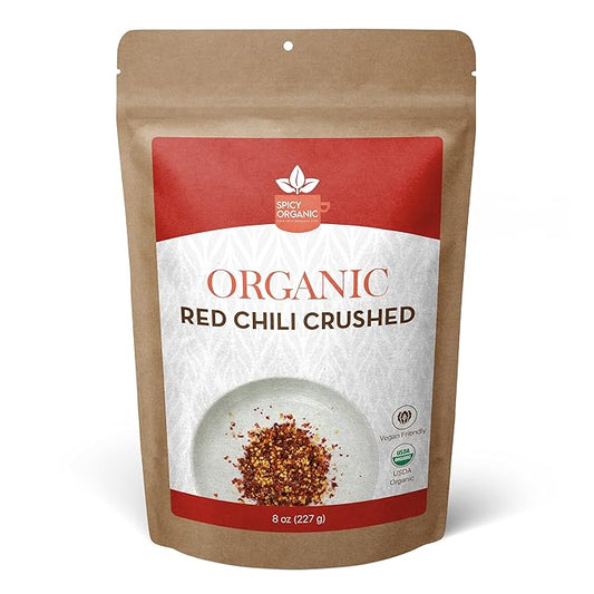 SPICY ORGANIC Crushed Red Pepper Flakes 8 oz. - Robust Chili Peppers Seasoning Spice - USDA Organic, Kosher, Non-GMO- Ideal for Pizza, Pastas, Salads, Sauces, Stews, Marinades and Pickled Vegetables