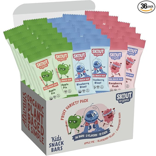 Skout Organic Real Food Bars for Kids Fruit Variety Pack (36 Pack) | Organic Snacks for Kids | Plant-Based Nutrition, No Refined Sugar | Vegan | Gluten, Dairy, Grain & Soy Free