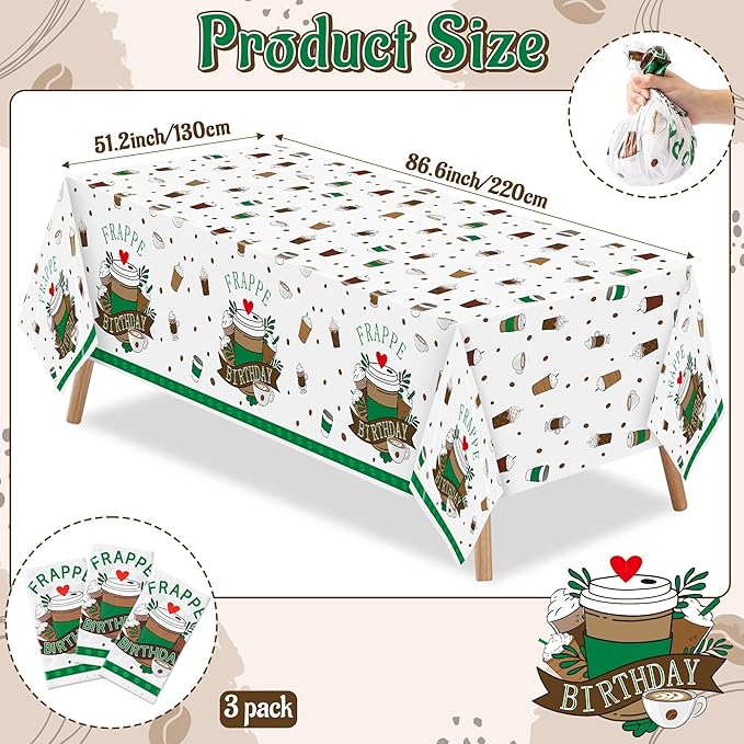 Frappe Coffee Party Tablecloths - 3Pcs Frappe Birthday Table Covers, Coffee Themed Party Decorations Plastic Disposable Rectangular Table Cloth Decor for Birthday Afternoon Tea