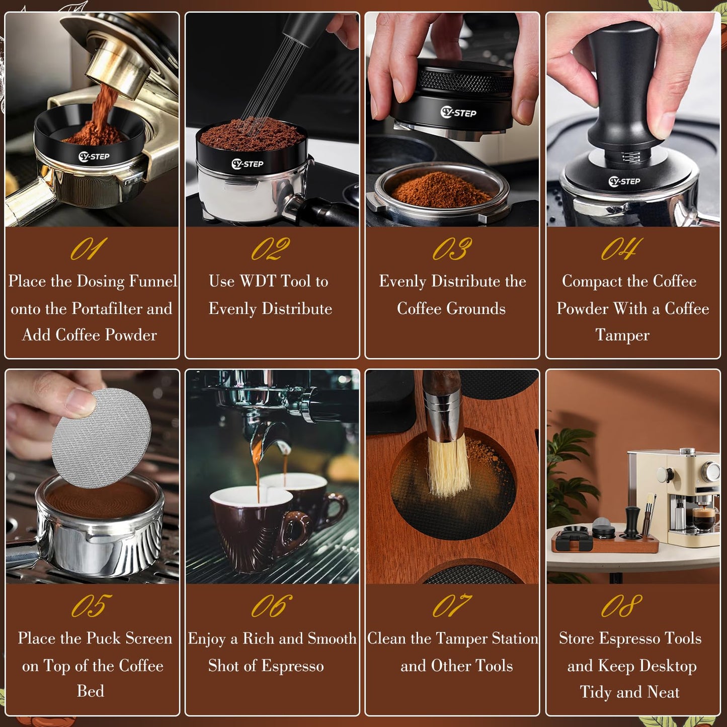 Y-Step 8 Pcs Espresso Accessories Kit, 51mm Espresso Tamper Kit Espresso Tools Barista Kit &
