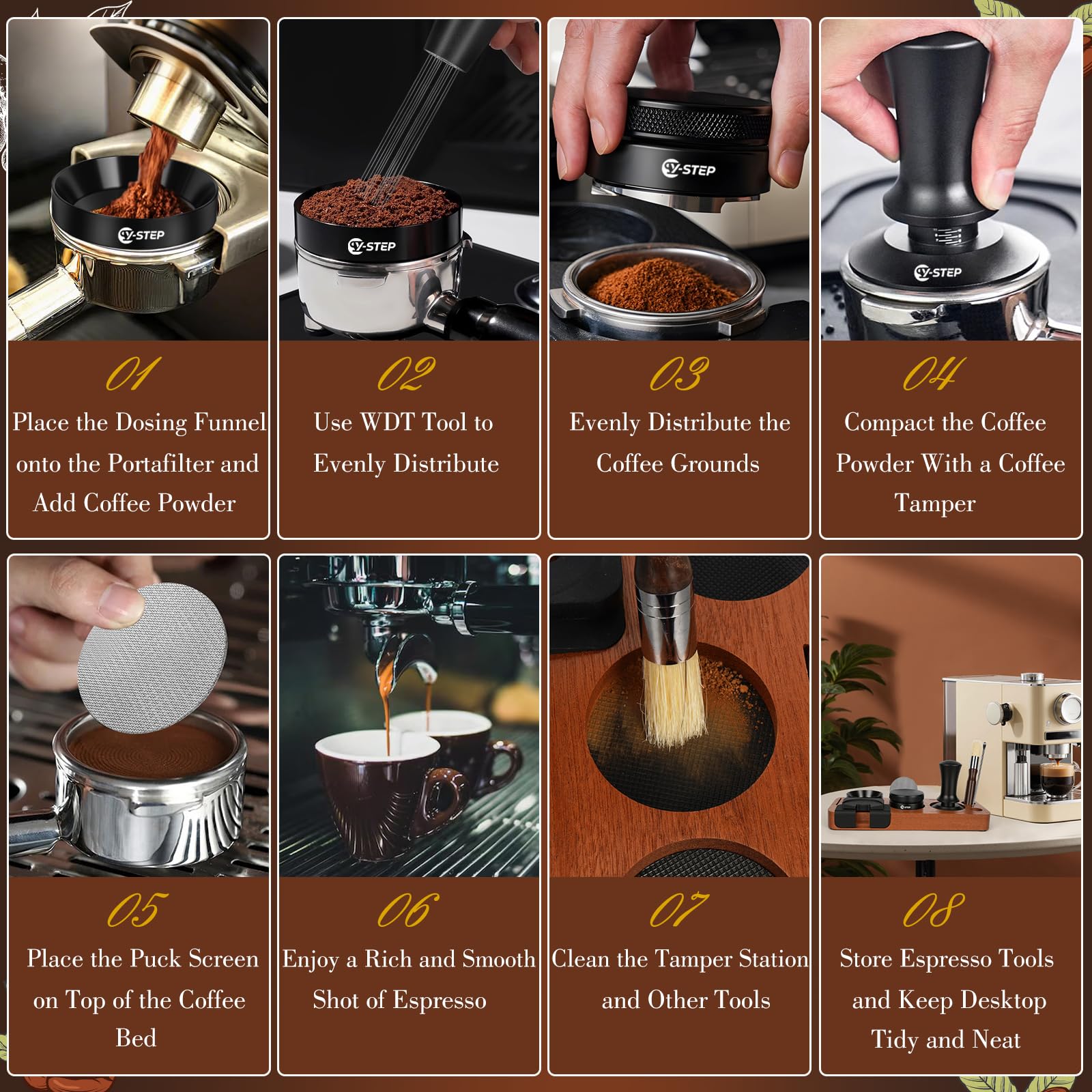 Y-Step 8 Pcs Espresso Accessories Kit, 51mm Espresso Tamper Kit Espresso Tools Barista Kit &