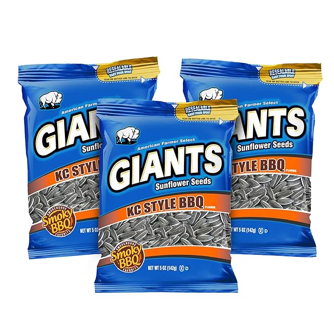 GIANTS KC Style BBQ Sunflower Seeds - Sunflower Seeds Bulk, Roasted Sunflower Seeds to Eat, BBQ Flavor, Healthy Snack with 8g Protein Per Serving - 5 oz Resealable Bags (Pack of 3)
