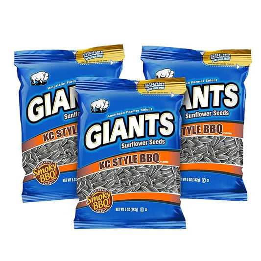 GIANTS KC Style BBQ Sunflower Seeds - Sunflower Seeds Bulk, Roasted Sunflower Seeds to Eat, BBQ Flavor, Healthy Snack with 8g Protein Per Serving - 5 oz Resealable Bags (Pack of 3)