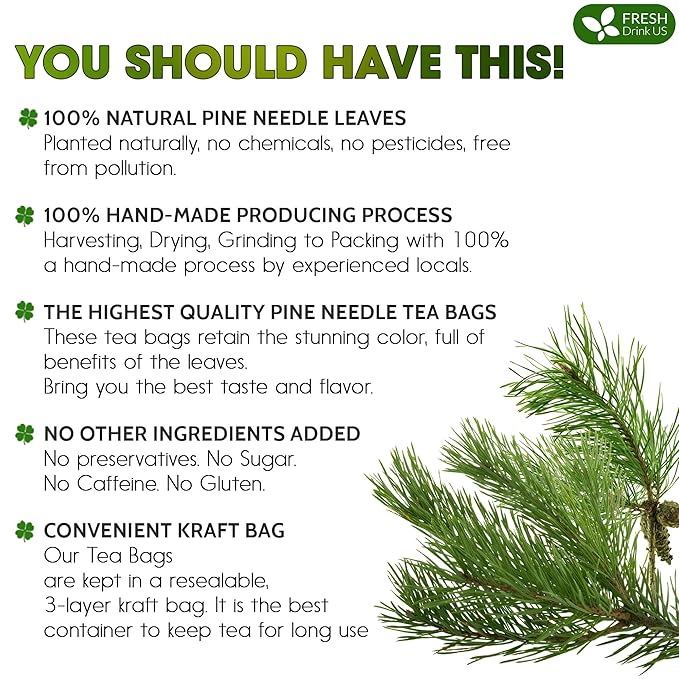 FreshDrinkUS, Pine Needle Tea Bags ??40 Tea Bags, Naturally Caffeine-Free, Refreshing Herbal Tea, Wild-Harvested Pine Leaves, Aromatic and Soothing ??Non-GMO & Eco-Friendly Packaging