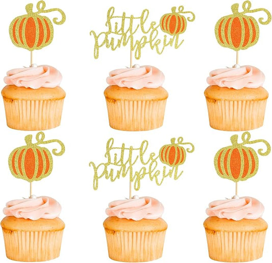 24Pcs Little Pumpkin Cupcake Toppers Fall Pumpkin Cupcake Picks for Thanksgiving Halloween Baby Shower Kids Birthday Party Cake Decorations Supplies - Gold Orange Glitter