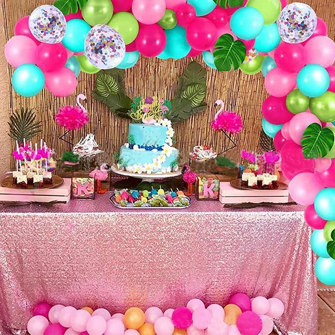 Rsstarxi 1 Pack Flamingo Happy Birthday Cake Topper Glitter Flamingo Cake Decoration Palm Tree Turtle Leaf Flower Flamingo Cake Pick for Tropical Hawaiian Luau Baby Shower kids Birthday Party Decor