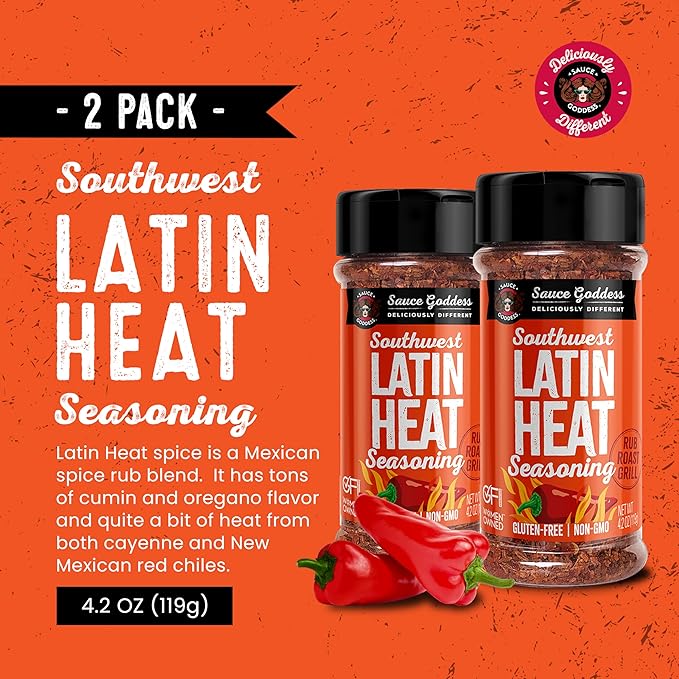 Sauce Goddess Southwest Latin Heat Shaker (2-Pack) - BBQ Rub with Tons of Cumin and Oregano Flavor, Cayenne, and New Mexican Red Chiles. No Sugar, Low in Sodium, Gluten-Free