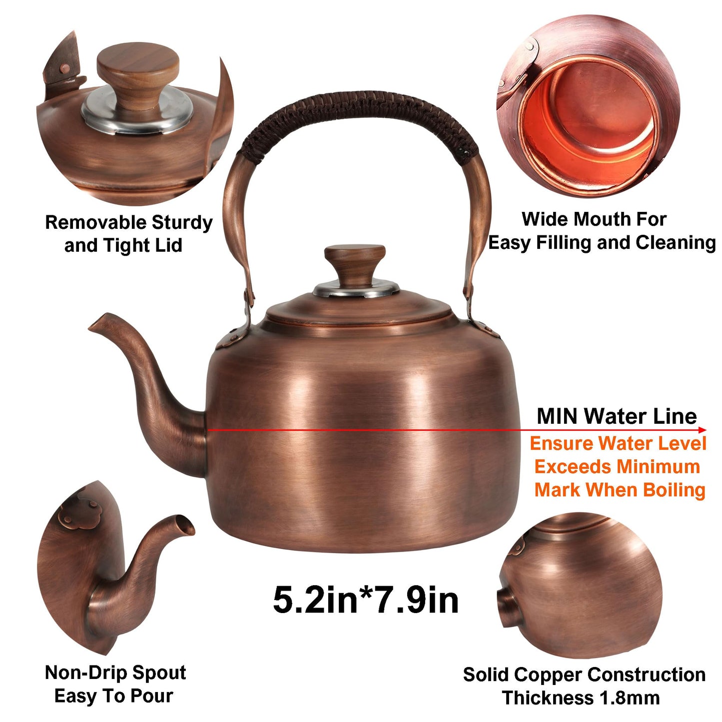 Tea Kettle Stovetop Whistling Copper Tea Pot for Stove 3.2QT Teapot Kettle