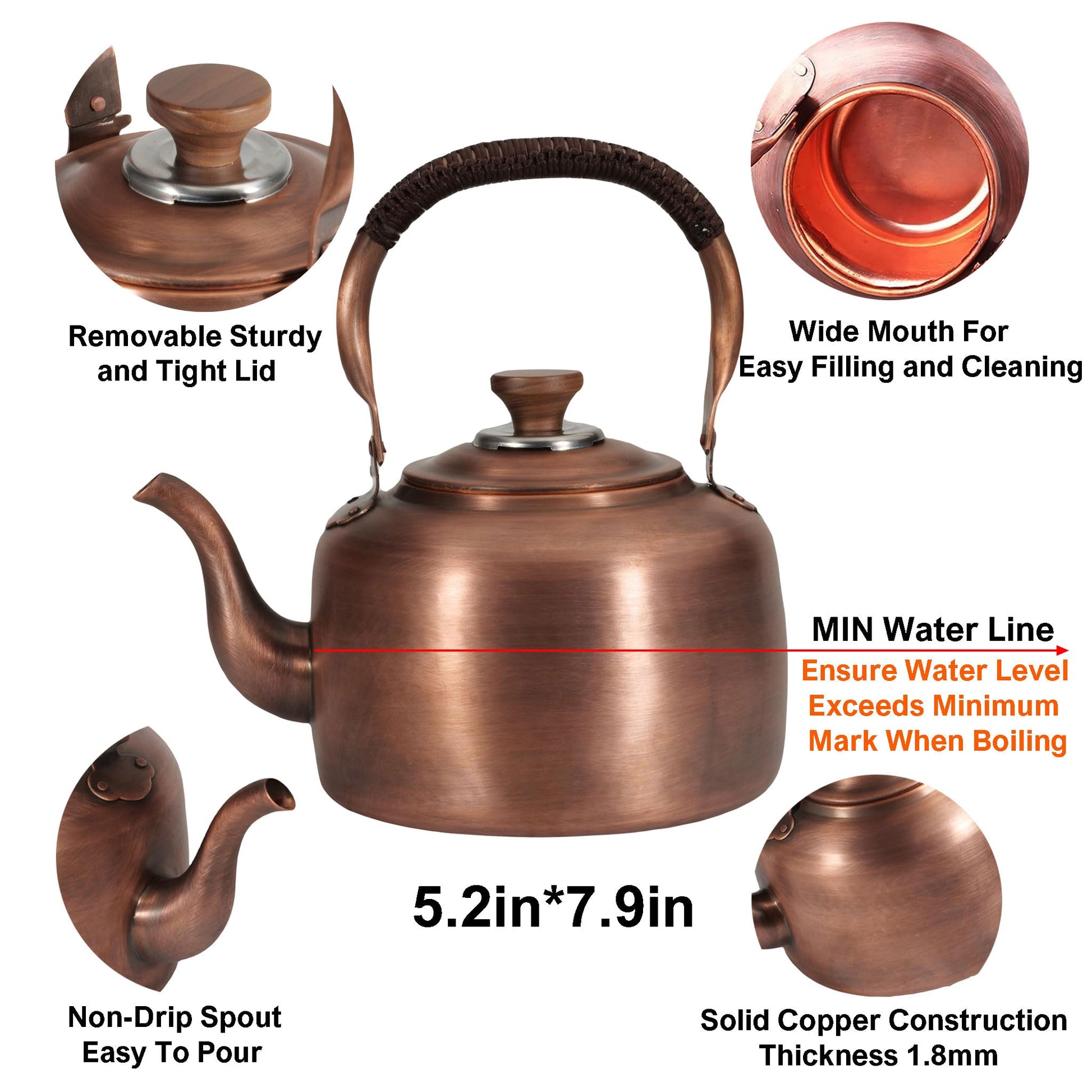 Tea Kettle Stovetop Whistling Copper Tea Pot for Stove 3.2QT Teapot Kettle