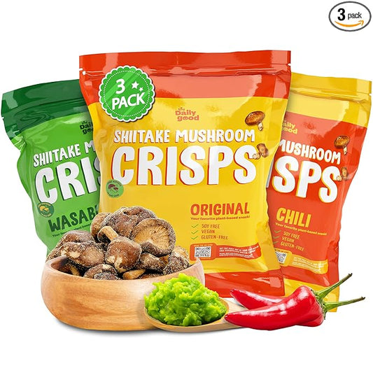The Daily Good Shiitake Mushroom Crisps - 3-Pack Mushroom Chips, Gluten-Free Mushroom Snack, Non-GMO, Original, Wasabi, and Mexican Chili Flavors, Vegan Food,Vegan Chips, Vegan Snacks,0.2 lbs