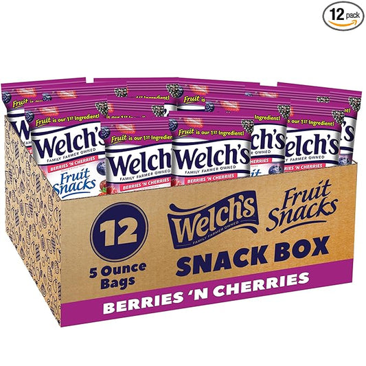 Welch's Fruit Snacks, Berries 'N Cherries Snack Box, Gluten Free, 5oz Snack Packs (Pack of 12)