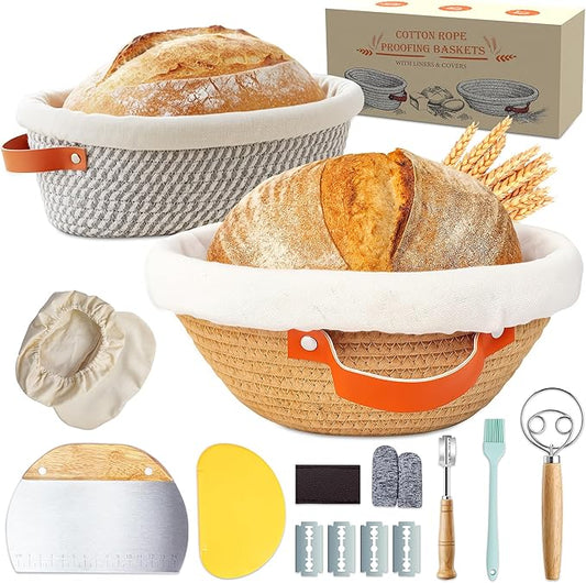 Banneton Bread Proofing Basket ??9" Round & 10" Oval Sourdough Starter Kit, Handmade Cotton Rope Sourdough Proofing Basket with Liner & Cover，Bread Making Tools (1 Round 1 Oval Gift Set)