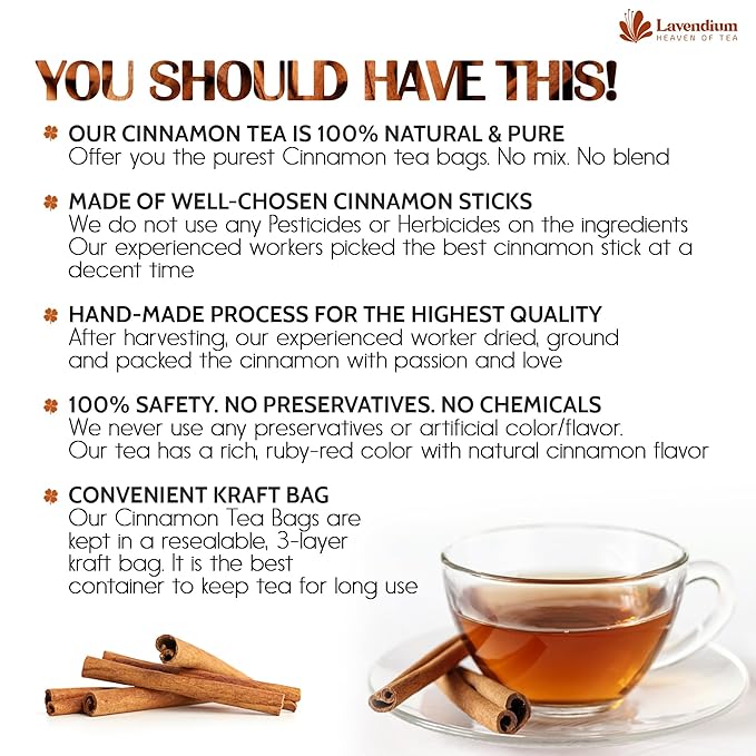 Lavendium, 40 Pure Cinnamon Tea Bags, Made of 100% Natural Cinnamon Sticks, Herbal Tea, No Additives, No Caffeine, No Gluten, Vegan.