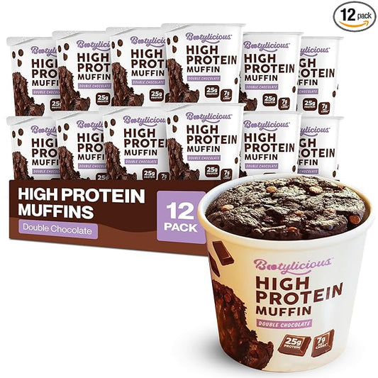 Bootylicious | High-Protein Muffin | 25g Protein, 7g Net Carbs, 2.32-2.75oz Cup, 12-Pack (Double Chocolate)