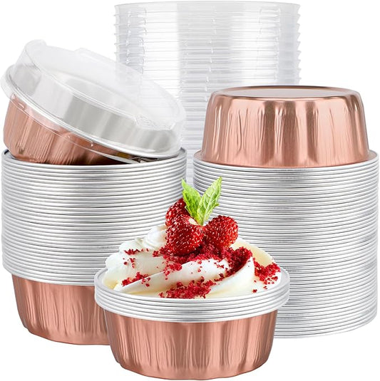 EUSOAR Cake Pans with Lids, 100pcs 9oz Rose Gold Cake Covers and Cake Containers, Disposable Muffin Ramekins Tins with Lids Cupcakes Bread Pudding Round Holders Pans for Wedding Birthday Theme Party