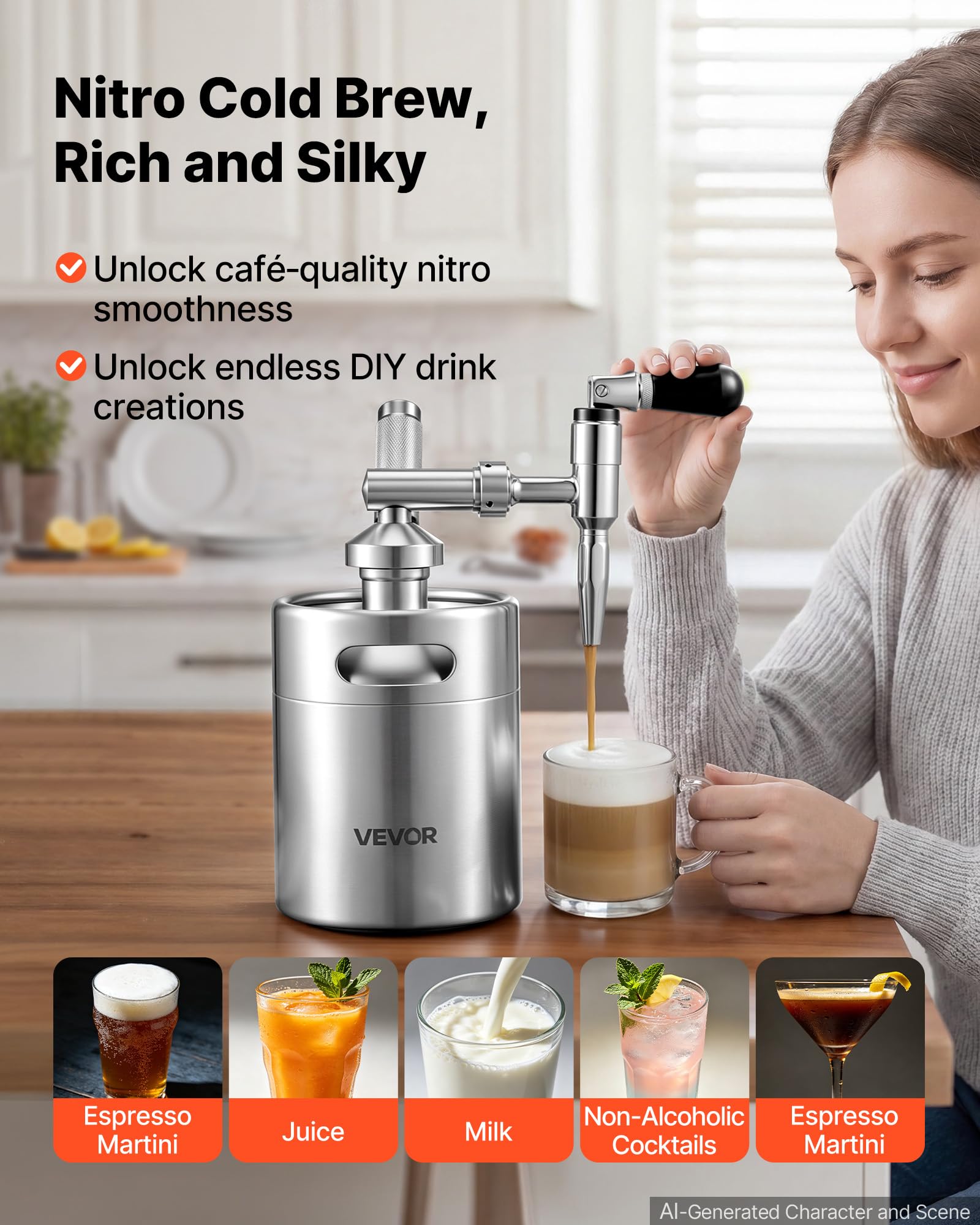 VEVOR Nitro Cold Brew Coffee Maker 68 oz Nitrogen Dispenser System, Home Brew Coffee Keg, Portable